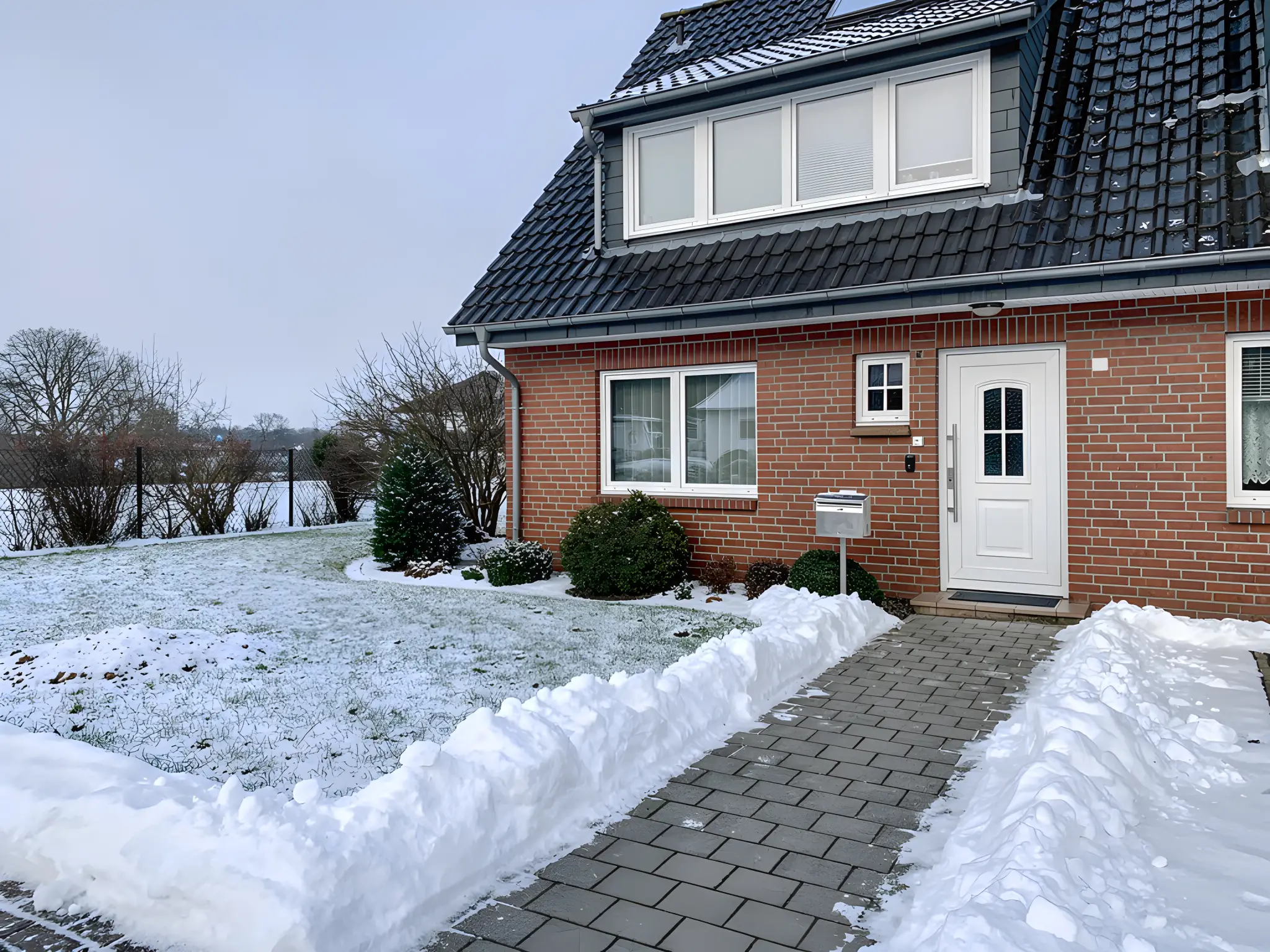 Schneebedecktes Einfamilienhaus mit zugeschneitem Weg – Beispiel für HashTEC-Winterdienst bei Privatkunden zur sicheren Zufahrt und Gehwegfreihaltung.