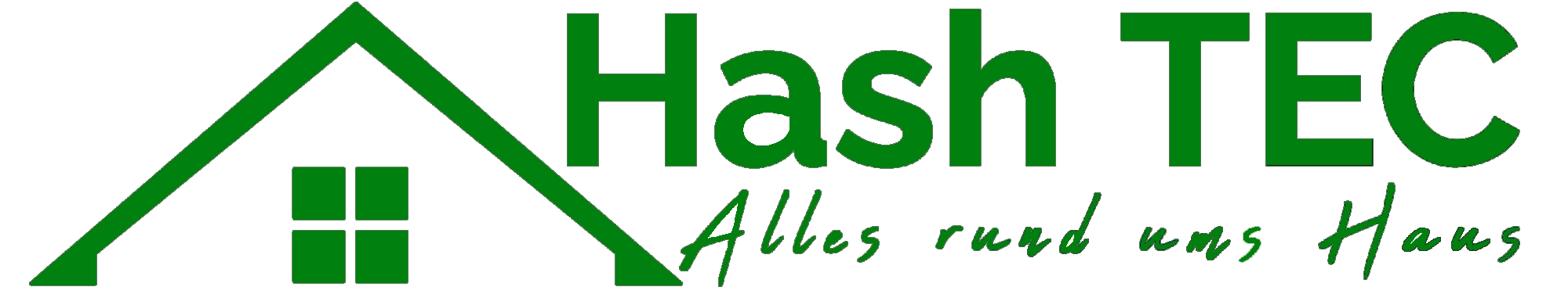 Logo von HashTEC: Dachsymbol mit Firmenname und Slogan „Alles rund ums Haus“ für Rundum-Service in Außenflächenpflege.